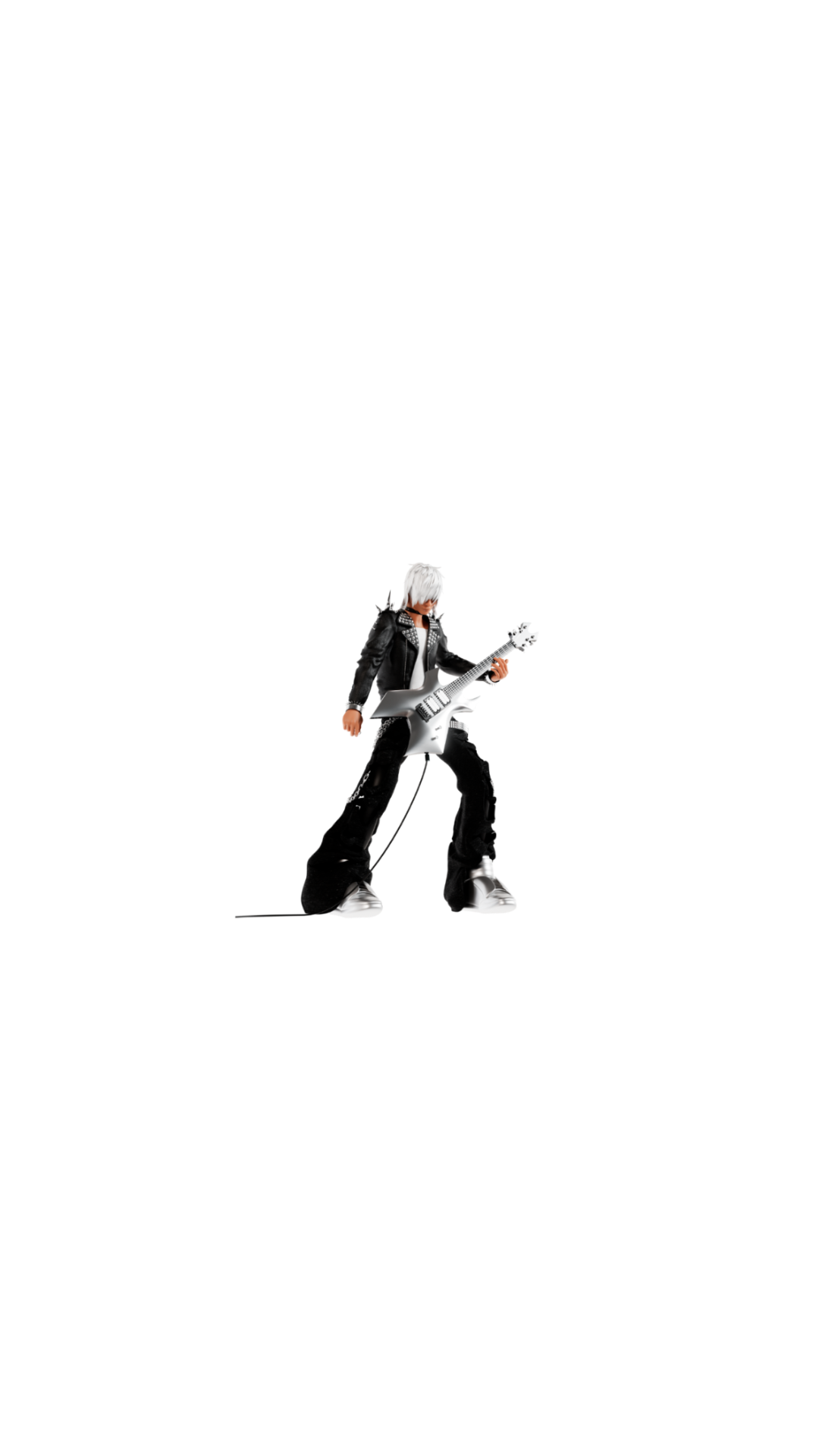 Professional 3D render of a rock guitarist with a white flying-V style guitar, black studded jacket, and cyber boots, created for a premium royalty-free sample pack by VIWD. Represents custom music production and sample pack content.